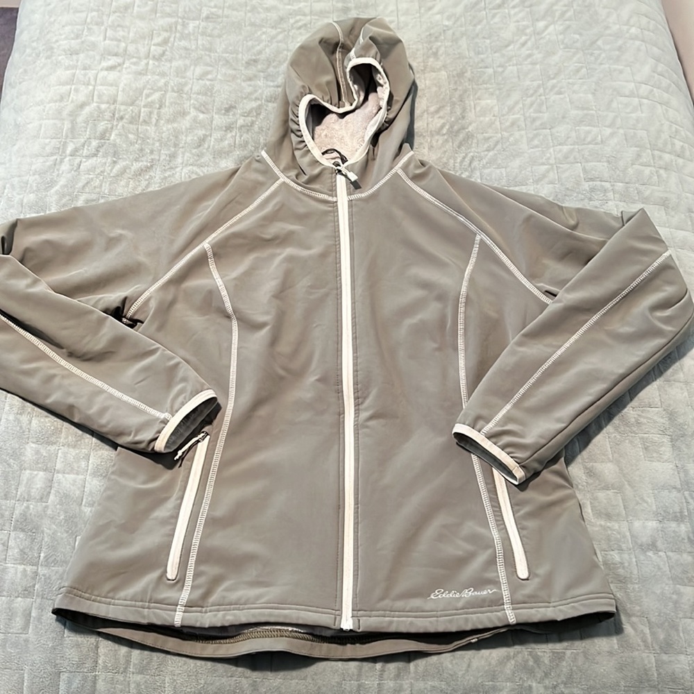 Eddie Bauer Softshell Hooded Jacket, Gray, Fleece, Zippered Pockets, Size M